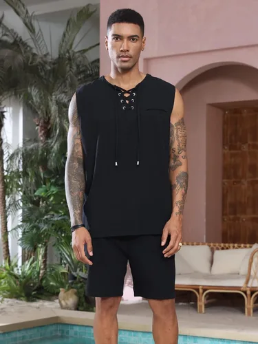 Miniatura 2 de Lexiart Conjunto casual de lino de 2 piezas para hombre, camisa sin mangas, pantalones cortos de algodón con bolsillo
