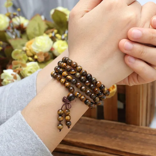 Miniatura 13 de Jovivi Collar tibetano de 0.236 in 0.315 in, 108 cuentas de piedras preciosas naturales de ojo de tigre de oración Mala