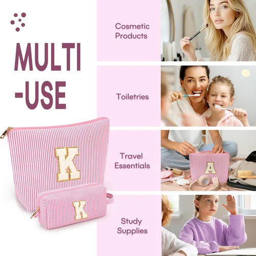 Miniatura 4 de 2 piezas de bolsas de maquillaje iniciales para mujeres: bolsa de cosméticos para viaje y artículos de tocador - Regalos de cumpleaños para niñas