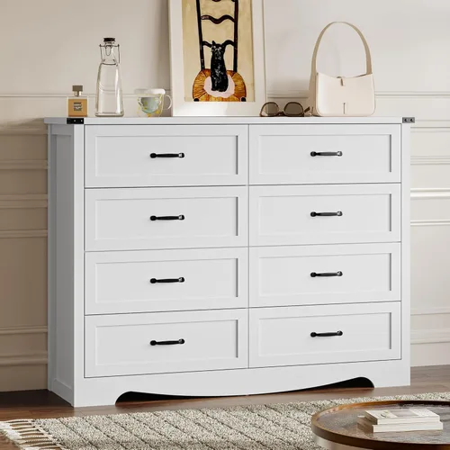 Miniatura 21 de BORNOON - Cómoda de 7 cajones para dormitorio, cómoda de madera moderna con manijas de metal, diseño antivuelco, organizador de almacenamiento Blanco