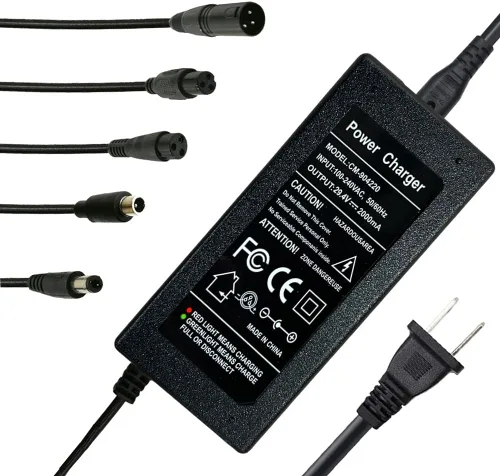 Cargador de 29.4V 2A 5 enchufes para scooter 24V 25.2V 25.6V batería de litio, paquete DC 5.5 * 2.1 con 0.315 in 3 clavijas/0.472 in 3