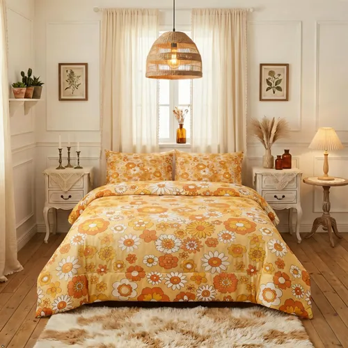Miniatura 21 de Juego de ropa de cama con estampado floral bohemio, tamaño individual, diseño retro de flores groovy, 60S y 70S, juego de edredón de flores hippie