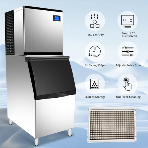 Miniatura 2 de Máquina comercial para hacer hielo de 350 libras/24 horas, contenedor de almacenamiento de 308 libras, 156 cubos de hielo transparentes en 8-15