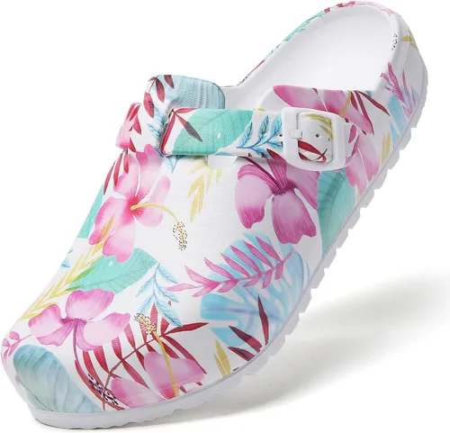 Miniatura 10 de Zuecos de enfermera estampados para mujer: zuecos de jardín sin cordones, impermeables, ligeros, duraderos, antideslizantes, cómodos para turnos