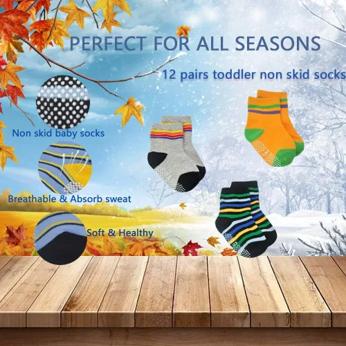 Miniatura 60 de Tphon Calcetines para niños pequeños con empuñaduras, 12 pares de calcetines antideslizantes de algodón para niños y niñas de 1 a 7 años
