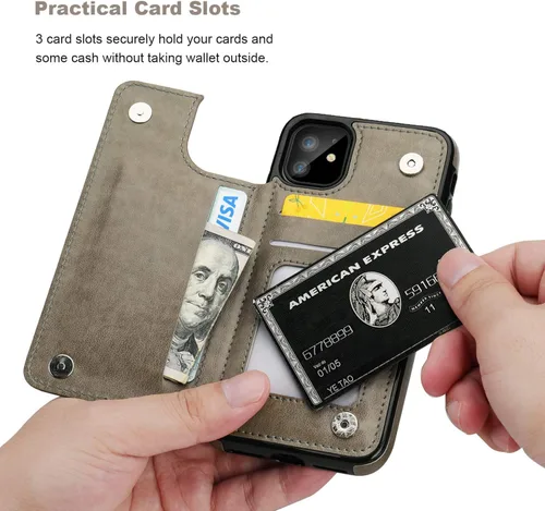 Miniatura 3 de Vaburs Funda compatible con iPhone 11 con tarjetero y diseño de mariposa en relieve, piel sintética de alta calidad, doble botones magnéticos, a Gris