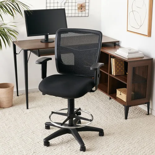 Miniatura 2 de Lorell Silla de oficina con taburete de trinquete, diseño ergonómico de respaldo medio con malla transpirable, asiento de tela acolchada, anillo