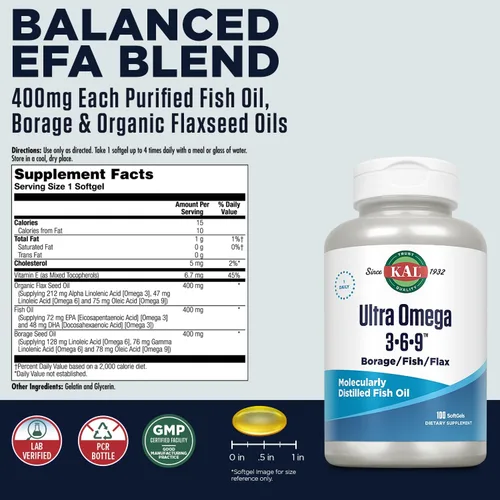 Miniatura 2 de KAL Ultra Omega 3-6-9 1200mg Aceite de pescado con aceite de linaza prensado en frío y borraja Piel, cabello, corazón, memoria 100 cápsulas