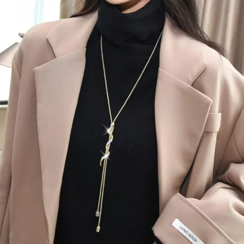 Miniatura 2 de Wiwpar Collar largo con colgante de perla de serpiente para mujer, suéter de diamantes de imitación de cristal, collar de cadena larga, ajustable