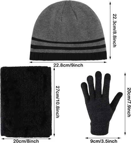 Miniatura 3 de Gorro de invierno para hombre, bufanda de punto cálida y guantes de pantalla táctil, 3 piezas
