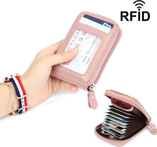 Miniatura 7 de WITATAOGE Tarjetero de cuero para mujer, pequeño estuche de bloqueo RFID de gran capacidad para tarjetas, Rosa Rojo, A la moda