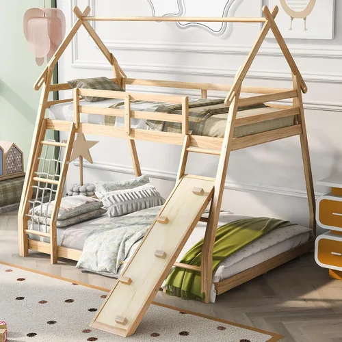 Miniatura 20 de Litera de casa individual sobre cama individual con tobogán convertible y nido, litera de madera maciza con techo y ventana para niños, verde-blanco