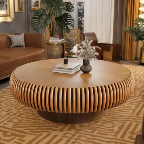 Miniatura 8 de Mesa de centro redonda de tambor estriado para sala de estar, mesas de centro modernas de mediados de siglo con pedestal resistente, mesa de té negro
