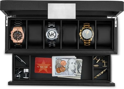 Miniatura 3 de Caja de reloj con cajón de Valet para hombre - organizador de exhibición de la caja de reloj de lujo de 6 ranuras, diseño de fibra de carbón