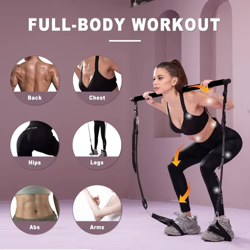 Miniatura 2 de Pilates bar kit Multiple Fitness bar with Resistance Bands, Ab Rollers.Core Strength Training Equipment. Squat Machine for Men and Women.Portable