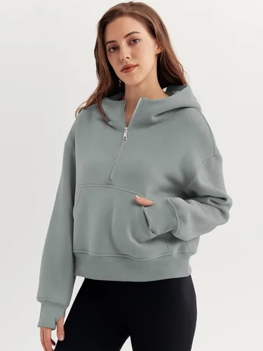 Miniatura 2 de Trendy Queen Sudaderas con capucha para mujer, con cremallera de un cuarto, sudaderas de gran tamaño, media cremallera con bolsillos, ropa de otoño