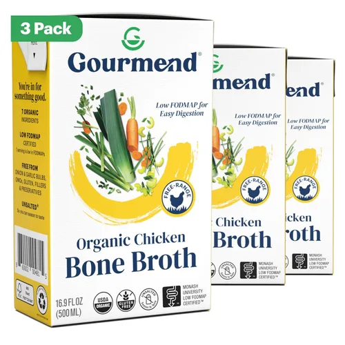 Caldo de hueso de pollo orgánico sin sal de 16.9 onzas (paquete de 3) – 7 ingredientes, bajo certificado FODMAP, sin relleno, sin gluten, sin