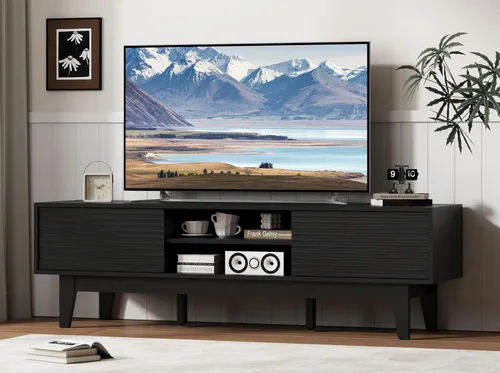 Soporte de TV estriado para TV de 55 y 65 pulgadas, centro de entretenimiento moderno de mediados de siglo con estantes, gabinetes y puertas