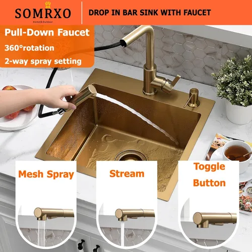 Miniatura 5 de Fregadero de barra empotrable de 15 pulgadas con combo de grifo Acero inoxidable dorado, tazón individual de montaje superior, diseño moderno