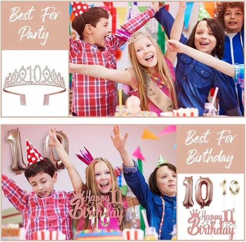 Miniatura 2 de Decoraciones de cumpleaños de 10 años para ella, 5 piezas de regalo, incluyendo corona de tiara de décimo, banda, decoración de pasteles, globos