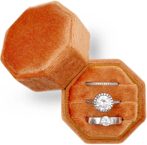 Caja de terciopelo para anillos con 3 ranuras, octágono de alta calidad, hecha a mano, con tres anillos, almacenamiento para ceremonia de boda,