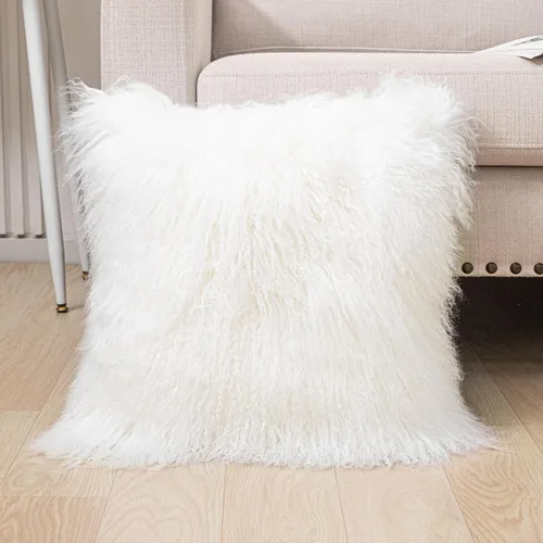 Miniatura 5 de Funda de almohada de piel de cordero mongol para decorar suave y esponjosa para sala de estar, accesorios de coche, 45 cm (18" x 18") Blanco