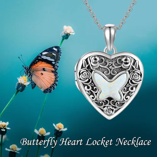 Miniatura 6 de URONE Collar con medallón de corazón de mariposa de plata de ley 925, collar con colgante de mariposa que sostiene fotos medallón de fotos, joyería