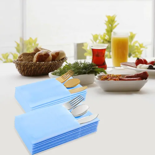 Miniatura 4 de Servilletas desechables de color azul menta, paquete de 50 servilletas de papel de tacto de lino con bolsillo integrado para cubiertos, tela