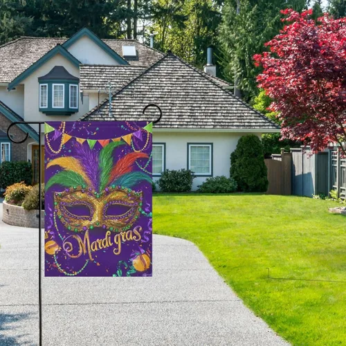 Miniatura 5 de Kcldeci Bandera de bienvenida con máscara de Mardi Gras de 45.7 x 61 cm, bandera de carnaval de flor de Lis para patio, grande, vertical, de doble