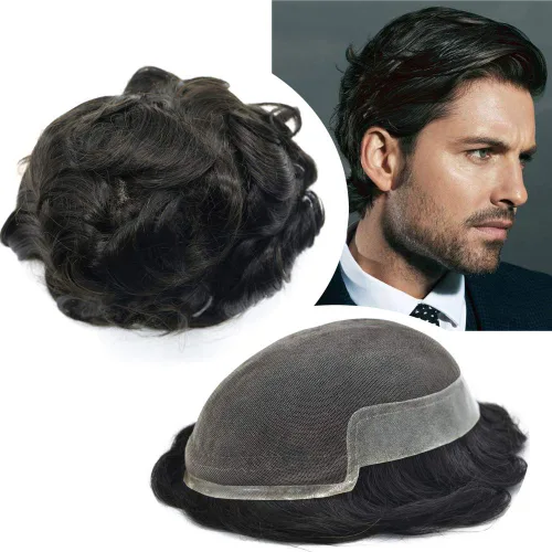 Miniatura 68 de Tupé de encaje suizo para hombres, piezas de cabello humano real, encaje frontal, sistema de reemplazo de cabello tipo tupé, nudo blanqueado, línea