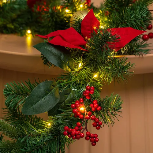Miniatura 3 de YULETIME Guirnalda de Navidad iluminada de 6 pies, funciona con pilas con 20 luces de hadas, guirnalda artificial, bolas rojas, bayas, flor de Rojo