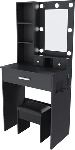Tocador con espejo y luz LED ajustable, toma de corriente incorporada, con 1 cajón grande, 2 cajones compactos, soporte de secador de pelo