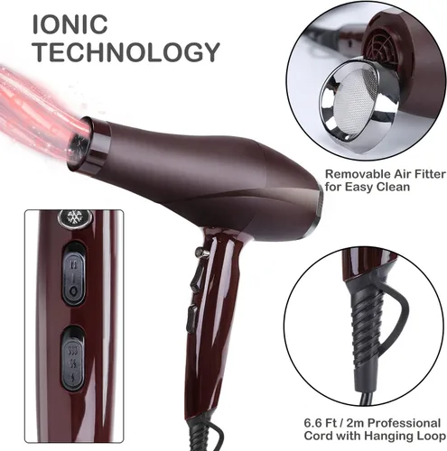 Miniatura 4 de Secador de pelo de 2000 W, con difusor concentrador de peine para mujeres y hombres, secador de pelo silencioso iónico negativo con potente motor