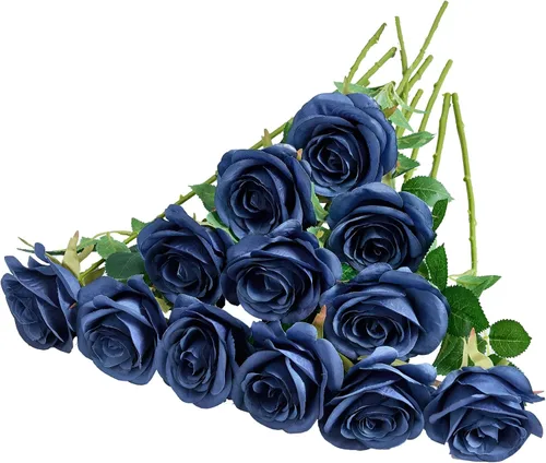 Miniatura 14 de 12 piezas Rosas Flores Artificiales Rosas Falsas Azul Bebé Rosas de Seda Flores de Seda Blancas Rosas con Tallos Largos para Bodas Hogar Fiestas