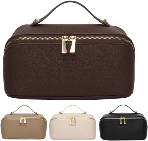 Miniatura 10 de Bolsas de maquillaje a cuadros de gran capacidad, bolsas de cosméticos portátiles de viaje, bolsa de aseo abierta y plana para mujeres y niñas