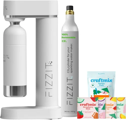 Fabricante de agua con gas de acero inoxidable blanco fabricante de soda incluye 1 x cilindro de CO2 y botella de acero inoxidable blanca de 1L