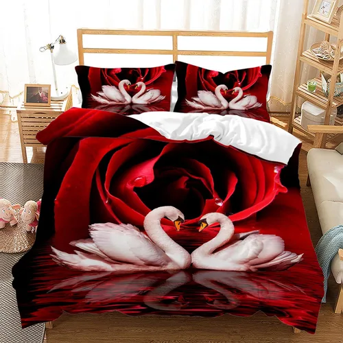 Miniatura 24 de AILONEN - Juego de funda de edredón tamaño individual, diseño de corazones para parejas, juego de ropa de cama rojo y negro, diseño "Yo y tú", juego