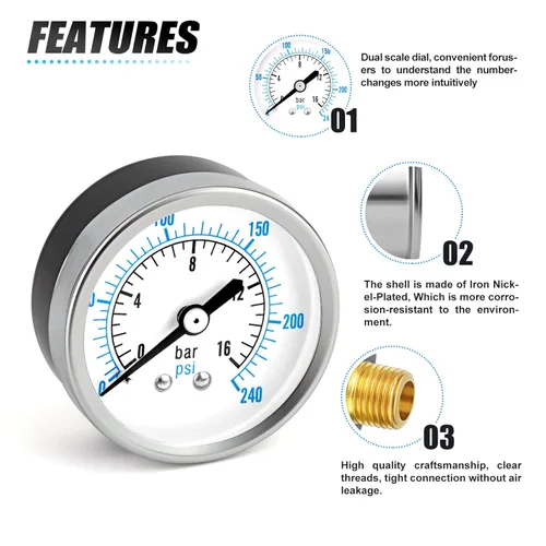 Miniatura 5 de MEANLIN MEASURE Medidor de presión en seco de 0 ~ 240Psi Hierro Niquelado 1/4 "NPT 2" Face Dial WOG Agua Aceite Aire Centro Montaje Trasero