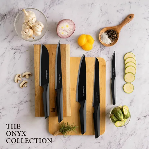 Miniatura 5 de GRANDTIES Juego de cuchillos de cocina negros antiadherentes de 7 piezas con bloque de madera y afilador, acero inoxidable alemán de alto carbono
