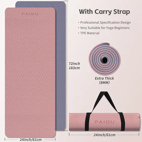 Miniatura 6 de PAIDU Yoga Mat 8mm Super Thick TPE Fitness Mat SGS Certified Non-Slip, Odorless & Tear-Resistant Unisex with Strap for Yoga, Pilates, Rosa