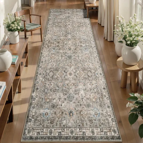 Miniatura 10 de Tangsoo Alfombra lavable para pasillo, antideslizante, 2 x 6 pies, estilo bohemio, floral, vintage, para entrada, suelo suave, para cocina, baño