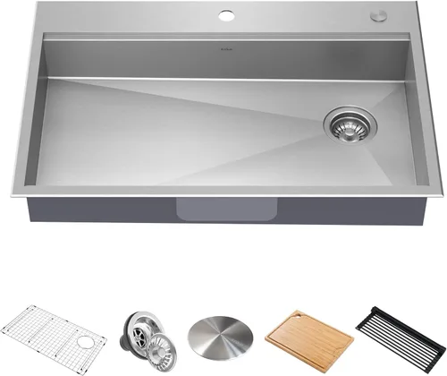 Miniatura 20 de KRAUS KWT310-33/18 Kore - Fregadero de cocina con estación de trabajo de 33 pulgadas, empotrado, acero inoxidable de calibre 18, con reborde