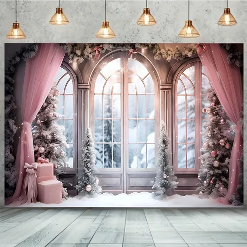 Miniatura 3 de Cortina rosa de invierno, fondo fotográfico de Navidad, invierno, nieve, bosque, ventana, fondo de fotografía, decoración de fiesta familiar, baby