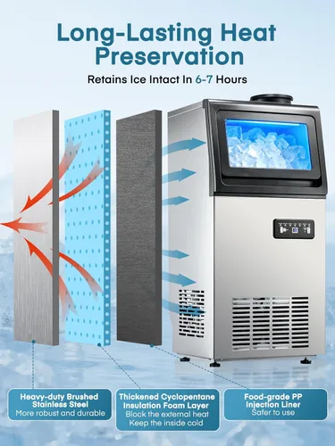 Miniatura 8 de Máquina comercial para hacer hielo, 100 libras/24 horas, máquina de hielo independiente y debajo del mostrador con 2 entradas de agua, 40