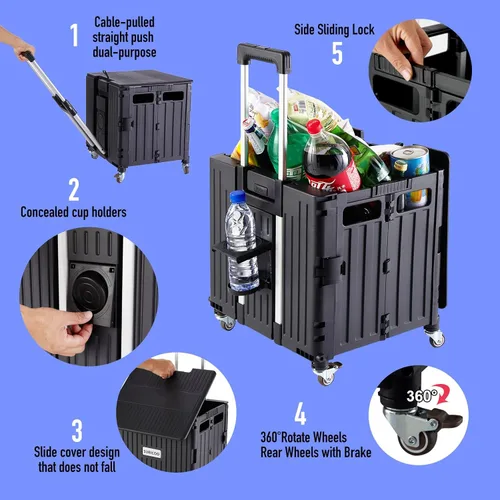 Miniatura 3 de SUBICOO Carrito utilitario plegable portátil con ruedas, carrito de compras, caja de herramientas plegable, con tapa, en 4 ruedas giratorias
