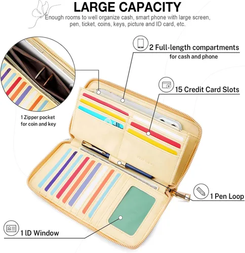 Miniatura 4 de Cartera RFID para mujer, cartera de gran capacidad con mariposa, cartera de teléfono celular, carteras de mano para mujer, carteras de pulsera