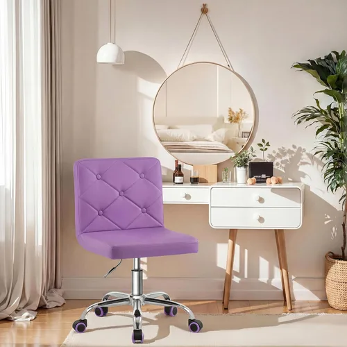 Miniatura 2 de VECELO Silla de tocador de cuero PU con respaldo medio sin brazos, altura ajustable, giratoria rodante 360° para trabajo en casa y oficina Púrpura