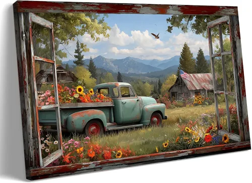 Miniatura 19 de Decoración rústica de granja en lienzo con ventana abierta, impresiones artísticas para pared, pintura de camión viejo, lienzo de granero y bandera