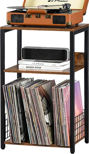 LELELINKY Mesa auxiliar de 3 niveles, soporte para tocadiscos con almacenamiento de hasta 100 álbumes, soporte para tocadiscos para vinilo, estante