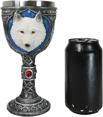 Miniatura 6 de Ebros Gift Gran celta mágica Knotwork Alpha Direwolf White Snow Wolf 8oz cáliz de copa de vino con forro de acero inoxidable Figura de taza